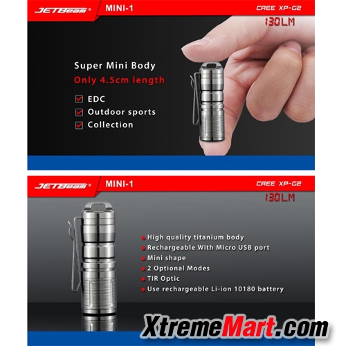 ไฟฉายมินิ JETbeam Mini-1 แสงขาว XP-G2 LED 130LM ชาร์จ USB พร้อมคลิปเหน็บ ติดที่หมวกได้
