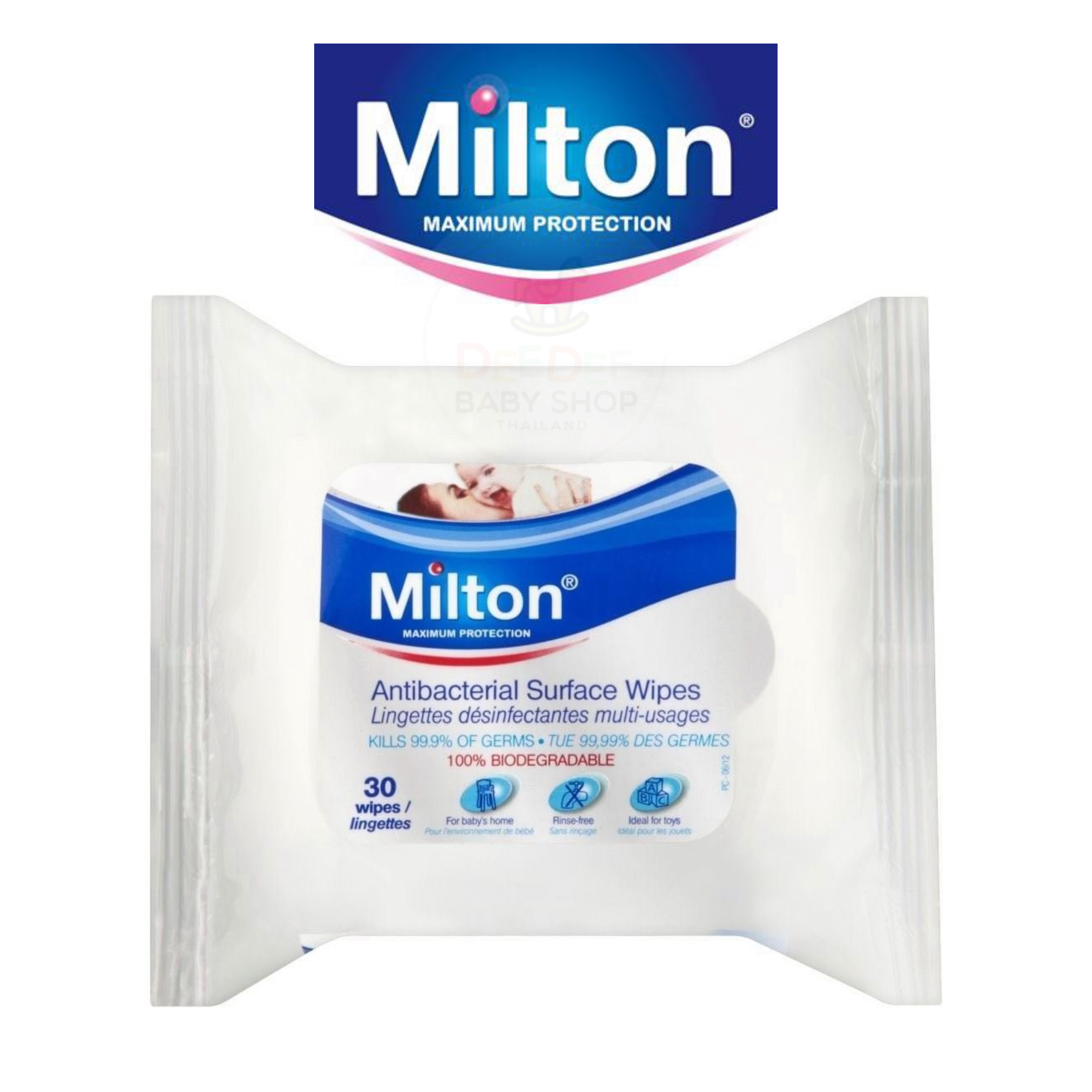 แผ่นเช็ดทำความสะอาดกำจัดเชื้อโรค Milton Antibacterial Surface Wipes