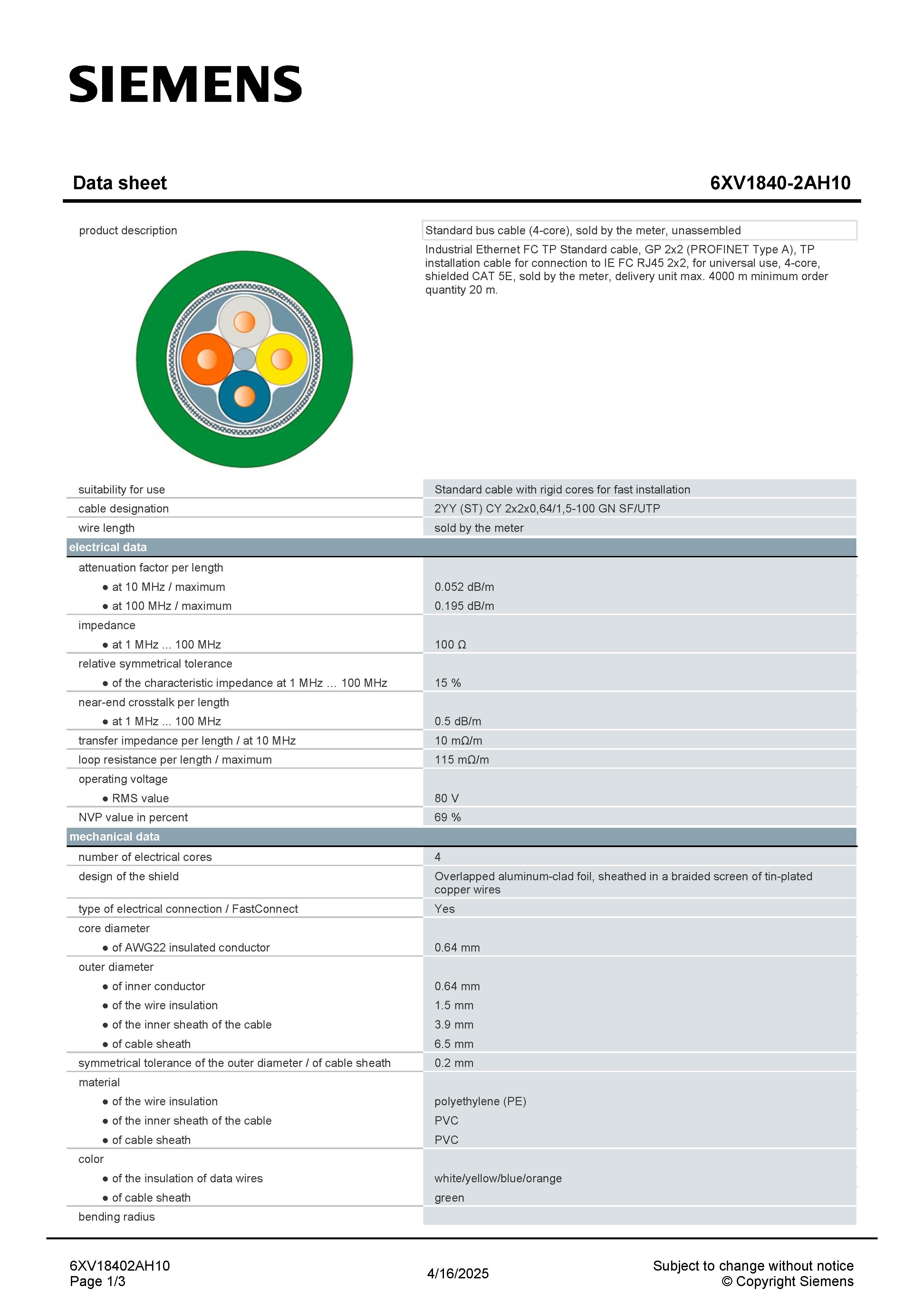 สาย PROFINET Cable (6XV1840-2AH10) ใช้ร่วมกับ Siemens PROFINET ราคาต่อเมตร