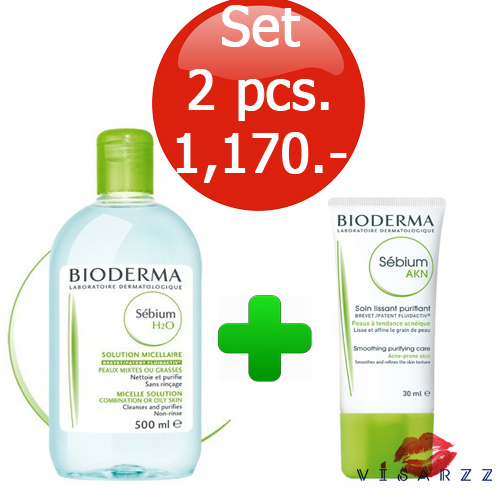 เซท AKN ลดสิวอุดตัน สิวเสี้ยน สิวผด สิวหัวดำ ผลัดผิวให้กระจ่างใสไร้รอยสิว Bioderma Sebium H2O 500mL + Bioderma Sebium AKN 30mL