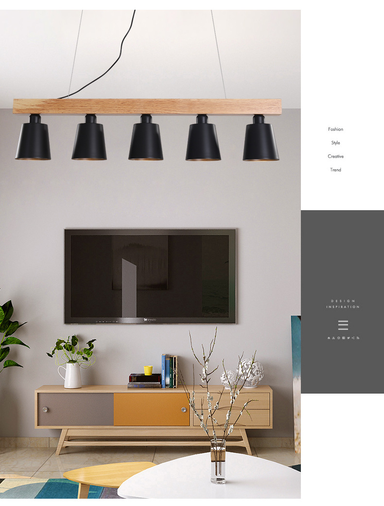 โคมไฟแขวนเพดานไม้ 5 ดวงทรงยาวโป๊ะโคมสีดำ SH-XD-003