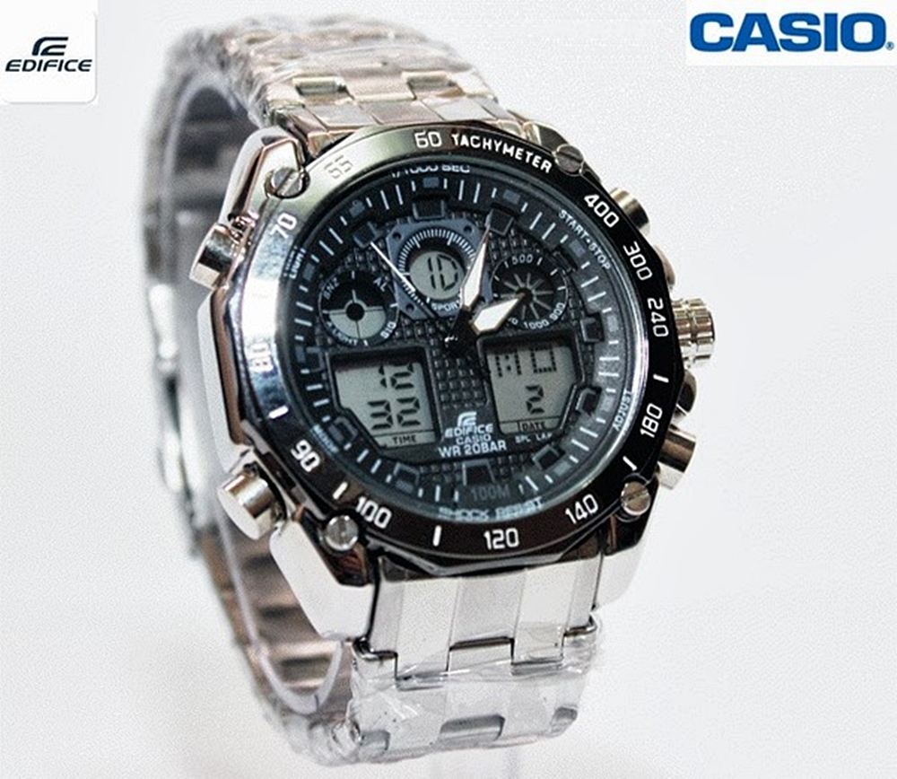 นาฬิกา Casio Edifice เกรด AAA 2 ระบบหน้าปัดสีดำ สายเลสสีเงิน ขั้นเทพ