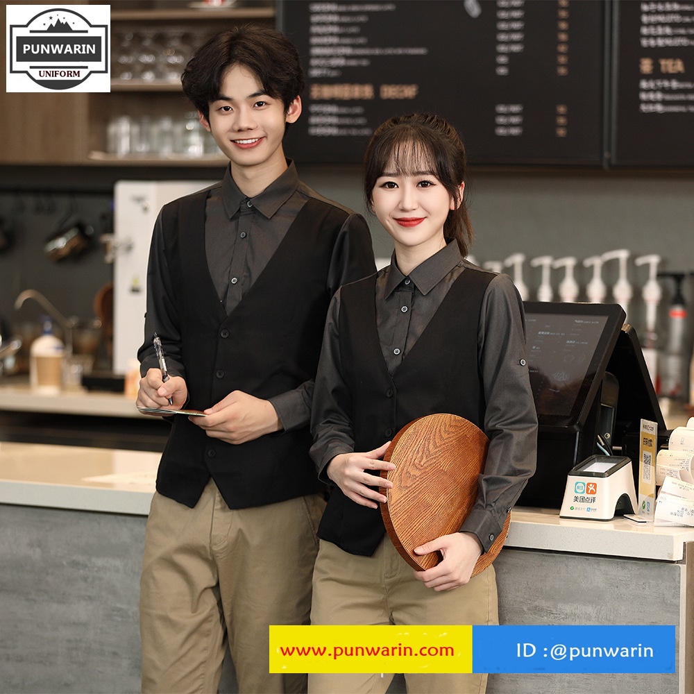 KTV เครื่องดื่มชุดพนักงานต้อนรับ เสริฟร้านอาหารกาแฟโรงแรม แขนยาว เสื้อกั๊กในตัว FR6510004 สีภาพ L-4XL