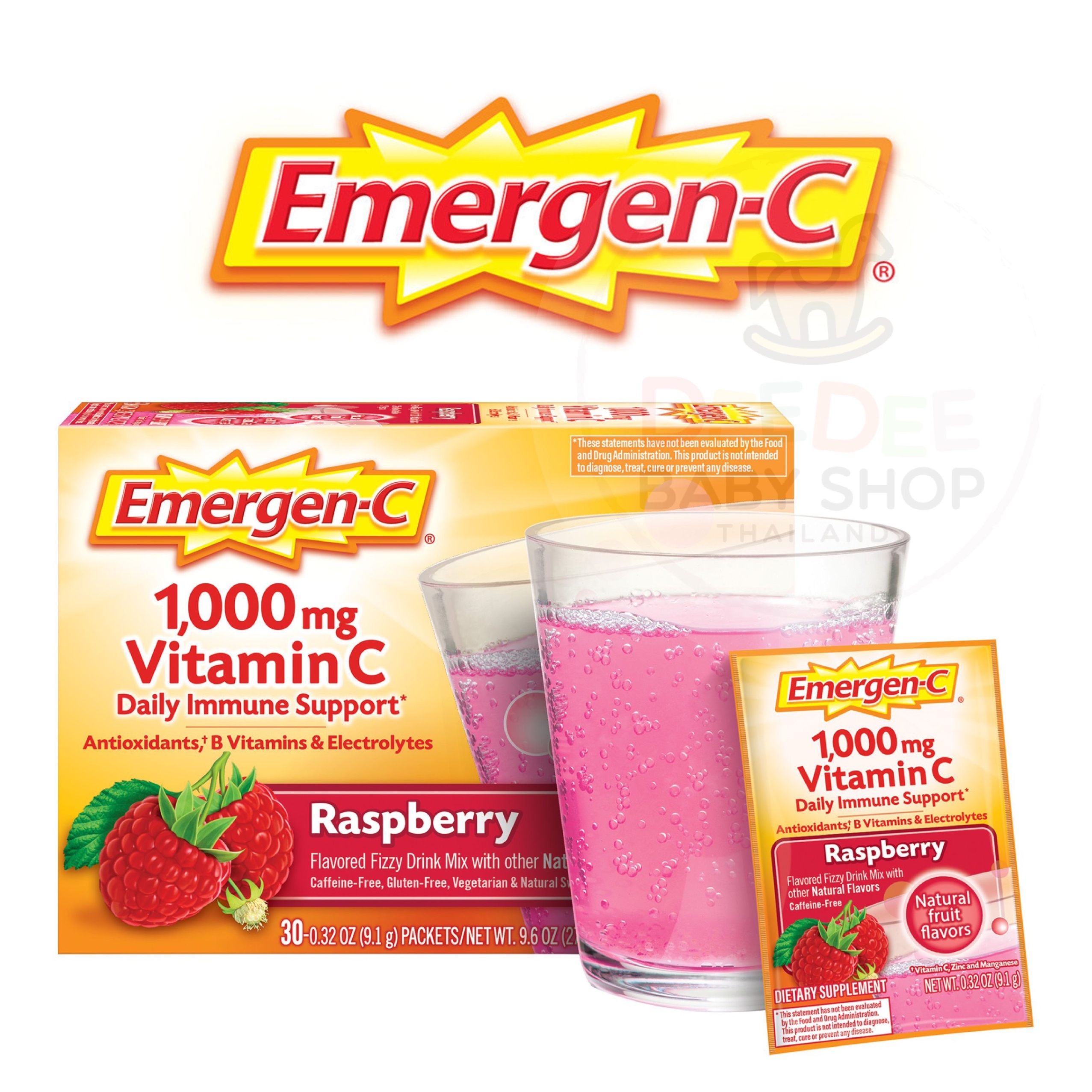 วิตามินเสริมภูมิคุ้มกันแบบซองละลายน้ำ Emergen-C 1,000mg Vitamin C Daily Immune Support (Raspberry)