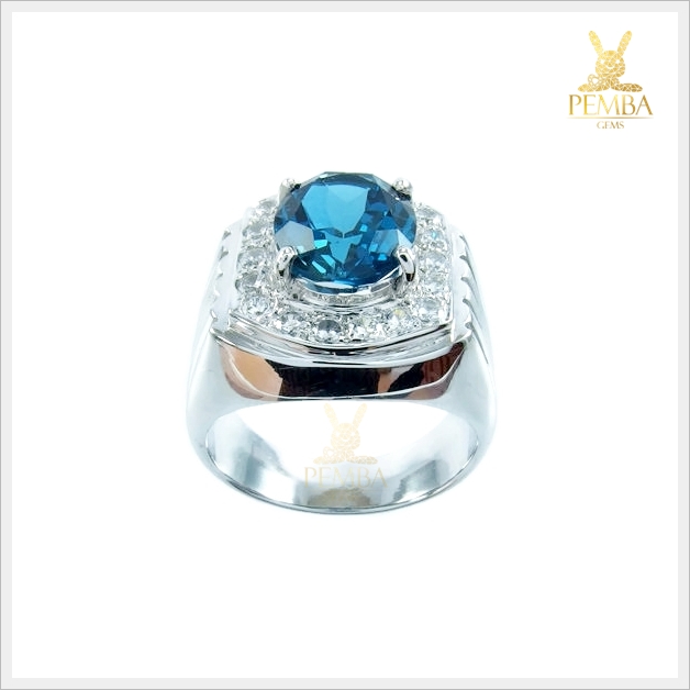 แหวนลอนดอนบลูโทแพซ เงินแท้925 ชุบทองคำขาว สวยใสไฟดี