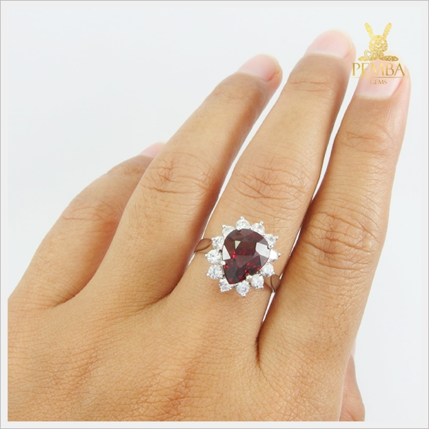 แหวนโรโดไลต์ เงินแท้ ชุบทองคำขาว รูปหยดน้ำสวยเก๋ แหวนพลอยแท้