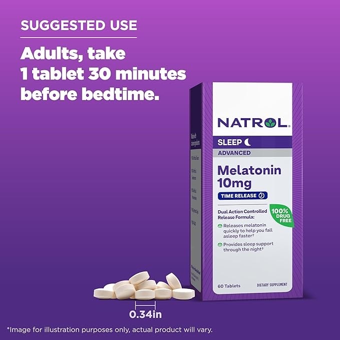 วิตามินเสริมการนอนหลับสำหรับผู้ใหญ่ NATROL Melatonin Advanced Sleep Time Release 10mg Maximum Strength (60 Tablets)