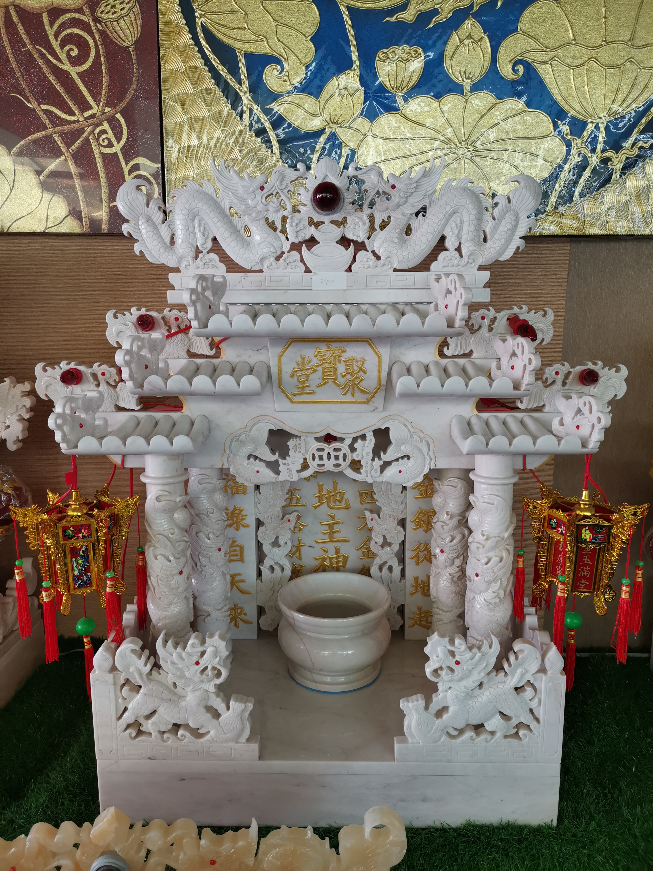 ตี่จู้หินอ่อน ตี่จู้เอี๊ยะ ขนาด 24 นิ้ว (รุ่นมหาเศรษฐี) 4 เสา 5 หลังคา 8ปลา 8หงส์ 8มังกร หินสีขาว