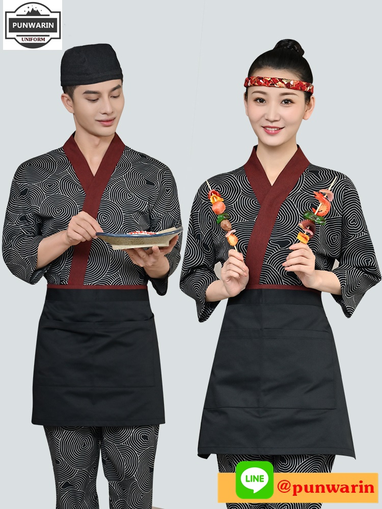ชุดซูชิกิโมโนสไตร์ญี่ปุ่นเสริฟ สำหรับห้องอาหารญี่ปุ่นเกาหลีจีน เสื้อเชฟ พ่อครัว บริกร เสื้อซูชิ G6505005 สีภาพ S-2XL