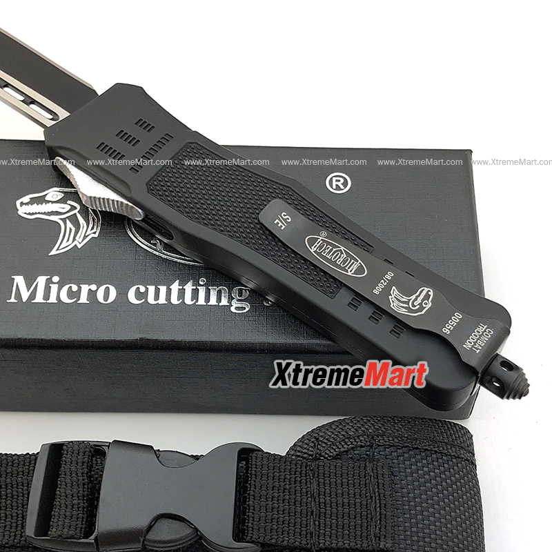 มีดสปริงตรง Microtech ขนาดกลาง ใบ Tanto คมด้านเดียว Combat Troodon 00556 D/E Automatic Knife Camping Tool สำเนา