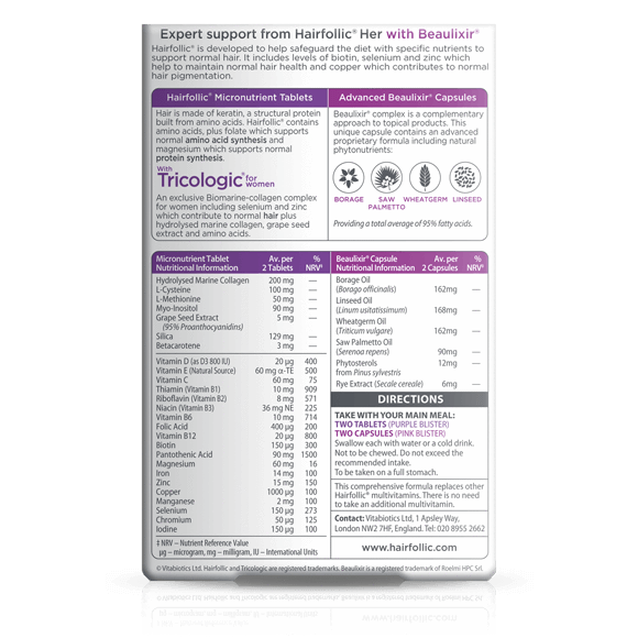 วิตามินบำรุงเส้นผมและหนังศีรษะสำหรับผู้หญิง Vitabiotics Hairfollic Her Advanced