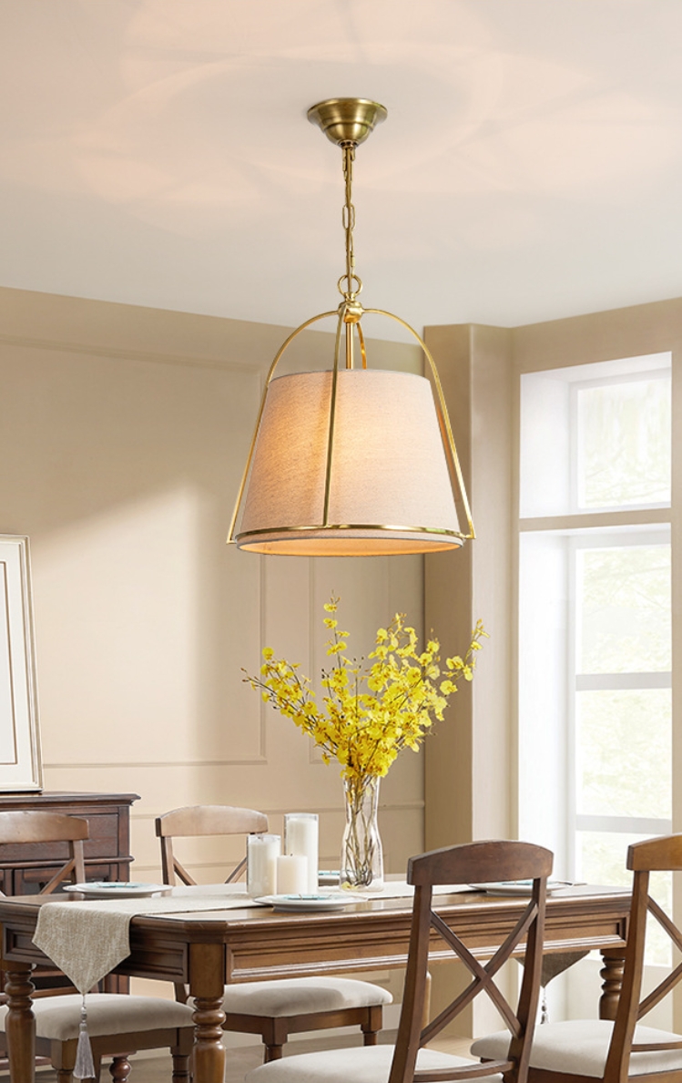 โคมไฟแขวนเพดานสไตล์คลาสสิควินเทจ โครงเหล็กสีทองโป๊ะผ้าโทนสีลินิน ทรงระฆังคว่ำ [D9399-4]