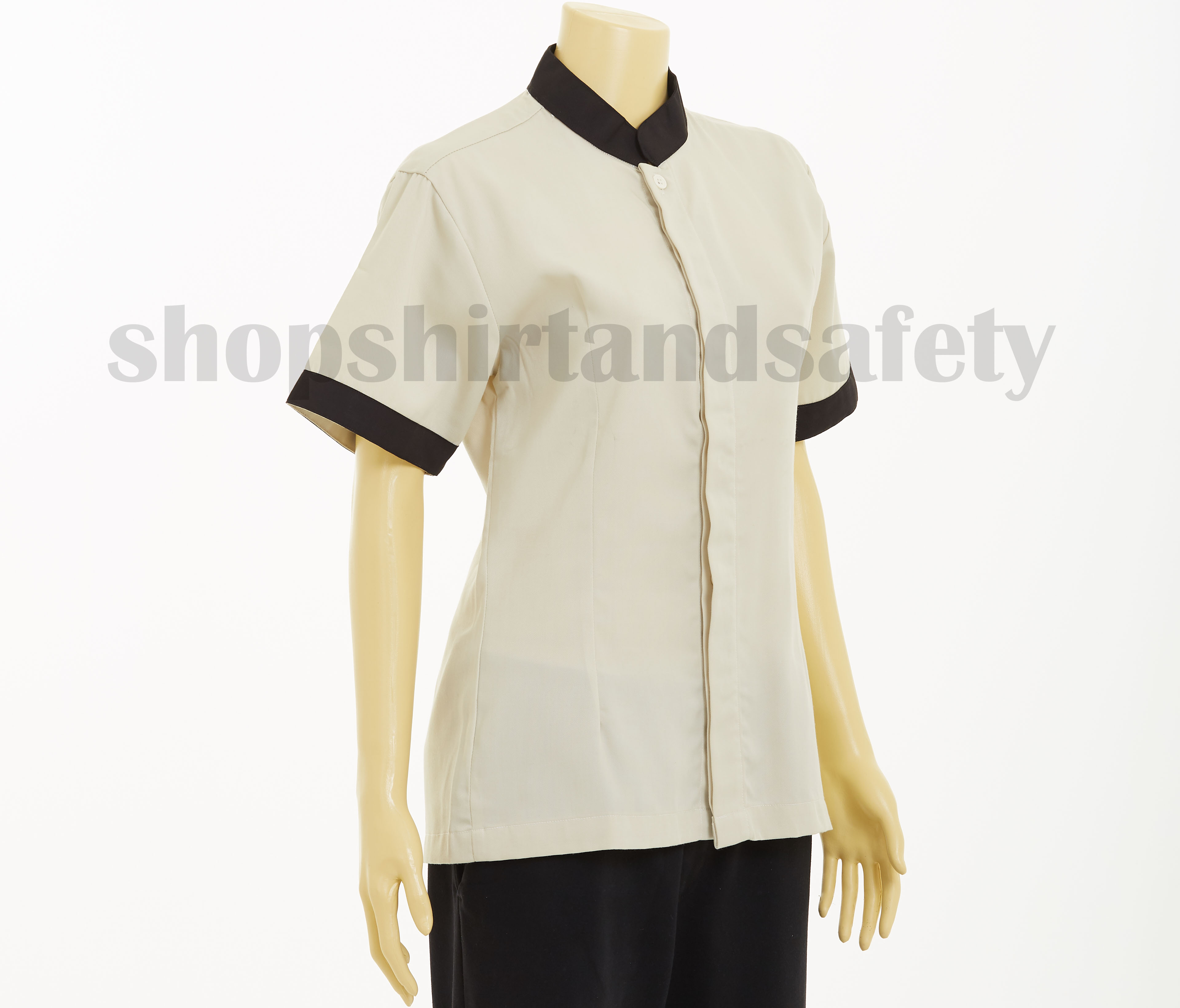 เสื้อแม่บ้านแขนสั้นคอจีนแบบสีครีมกุ้นดำ