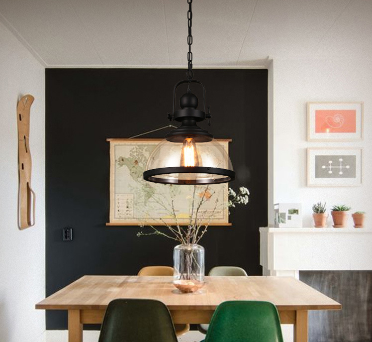 โคมไฟแขวนเพดานกระจกใสโครงสีดำ Iron Glass [GB3137]