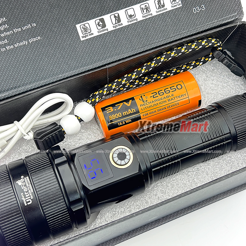 ชุดเซตไฟฉายซูม Ultrafire FA-P208 หลอด LED 2000lumen 5-Mode มีจอแสดงระดับแบตเตอรี่พร้อมแบตเตอรี่ 26650 และสายชาร์จ USB (ชุดละ)