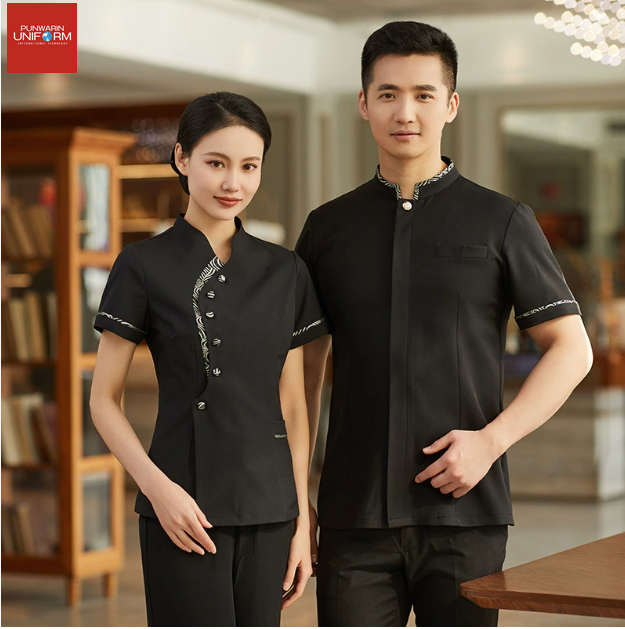 เสื้อฟอร์มพนักงานร้านอาหารกาแฟโรงแรม แขนสั้นผ้าฝ้ายคอจีน F6805004 ดำ เทา M-4XL