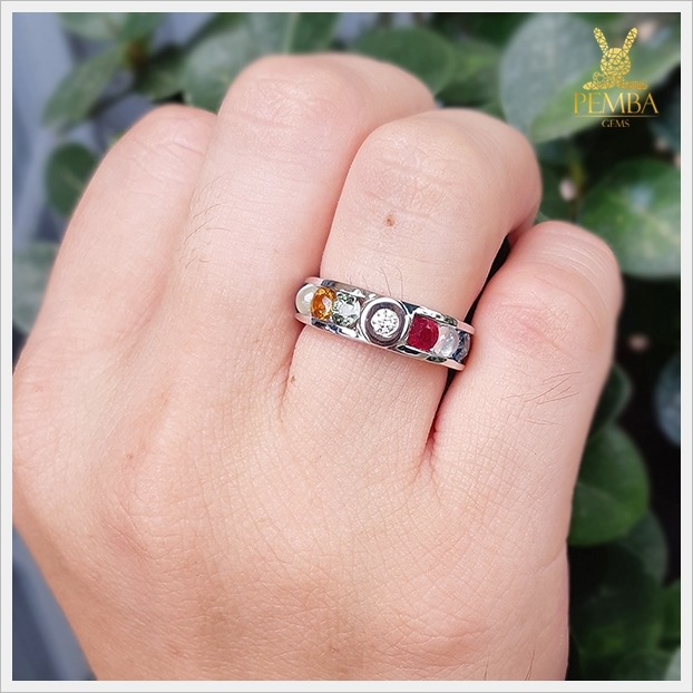 แหวนนพเก้าแท้ เพชรแท้ เงินแท้925 ชุบทองคำขาว เสริมมงคลชีวิตทุกด้าน