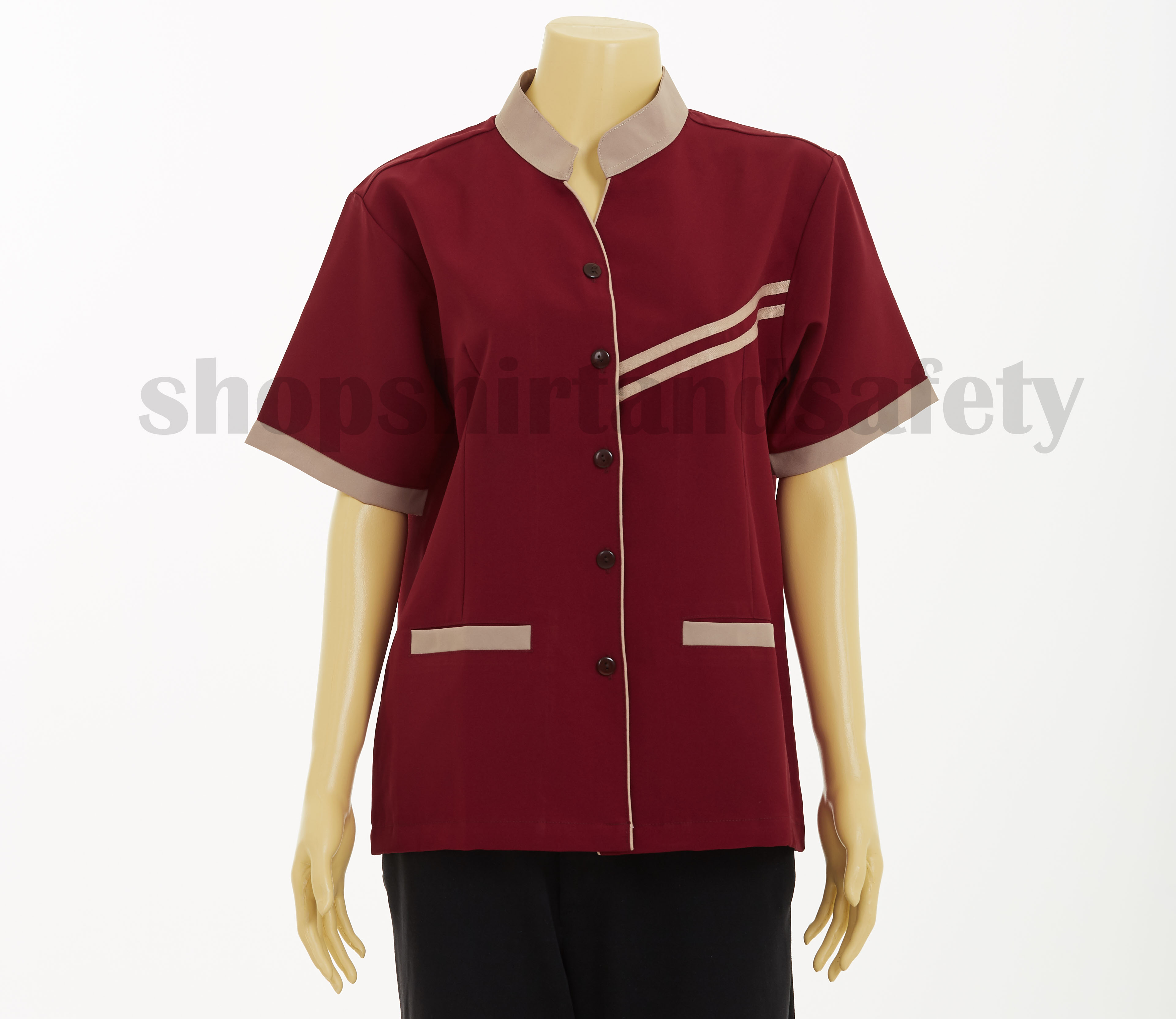 เสื้อแม่บ้านแขนสั้นคอจีนแบบเลือดหมูปกน้ำตาลอ่อน