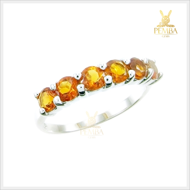 แหวนซิทรินแท้ แหวนแถว 6 เม็ด เงินแท้ ชุบทองคำขาว แหวนพลอยแท้