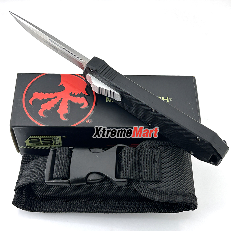 มีดสปริง Microtech (New Ultratech V2) คมเดียว ใบเงิน ด้ามดำ Combat Troodon Automatic Knife