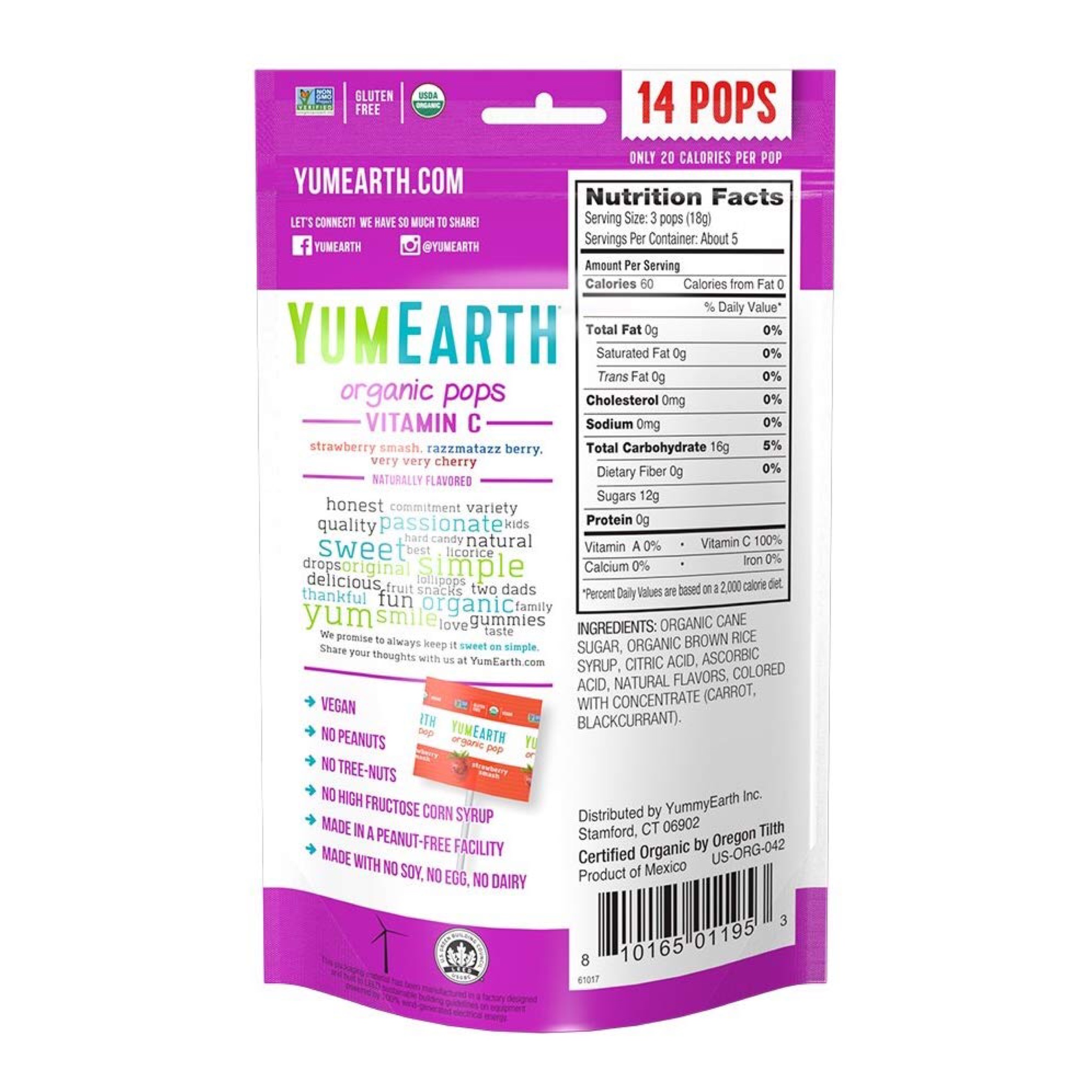 ลูกอมวิตามิน C ปลอดสารพิษสำหรับเด็ก YumEarth Organic Pops Vitamin C Naturally Flavored (14 Pops)