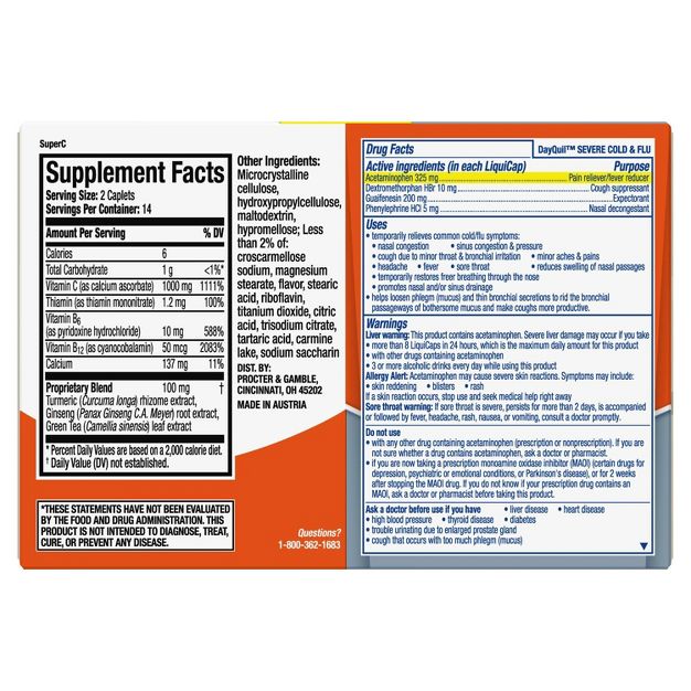 วิตามินบำรุงพร้อมยาบรรเทาอาการหวัด Vicks Super C + DayQuil SEVERE Cold & Flu Convenience Pack (52-Count)
