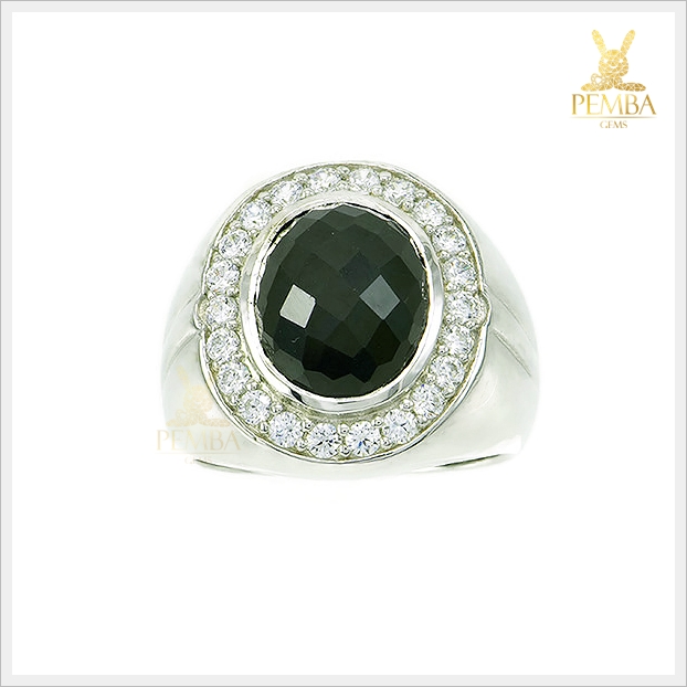 แหวนนิลแท้ เงินแท้925 ชุบทองคำขาว ล้อมเพชรCZ งดงาม เท่อย่างมีสไตล์