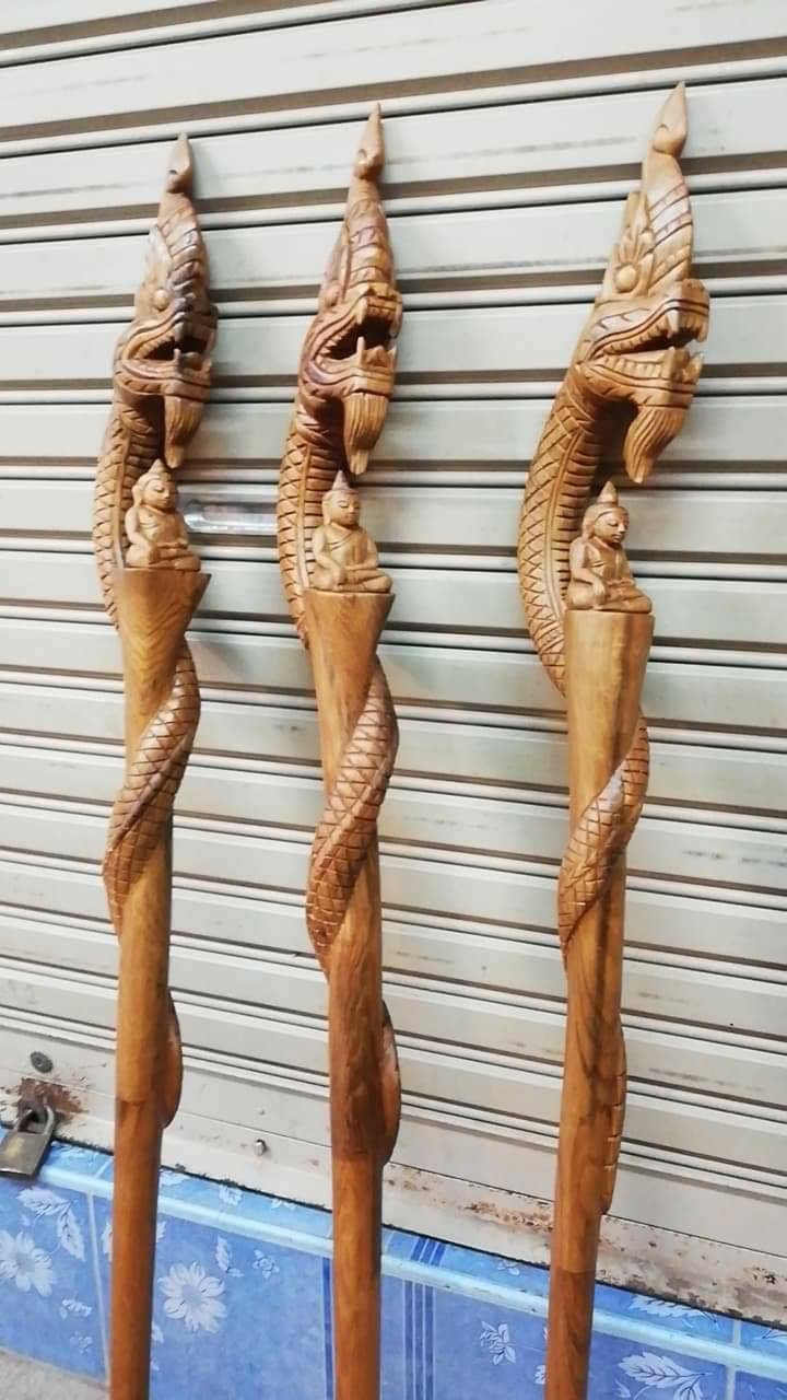 ไม้เท้า แกะสลัก หัวพญานาคปรก พระพุทธ