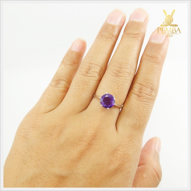 แหวนอเมทิสต์แท้ ทรงกลม เงินแท้925 ชุบทองคำขาว แหวนพลอยแท้