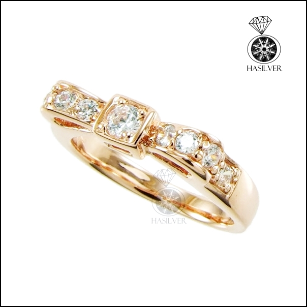 แหวนเงินแท้ 925 ชุบ Pink gold รูปโบว์ ฝังเพชร CZ สีขาว