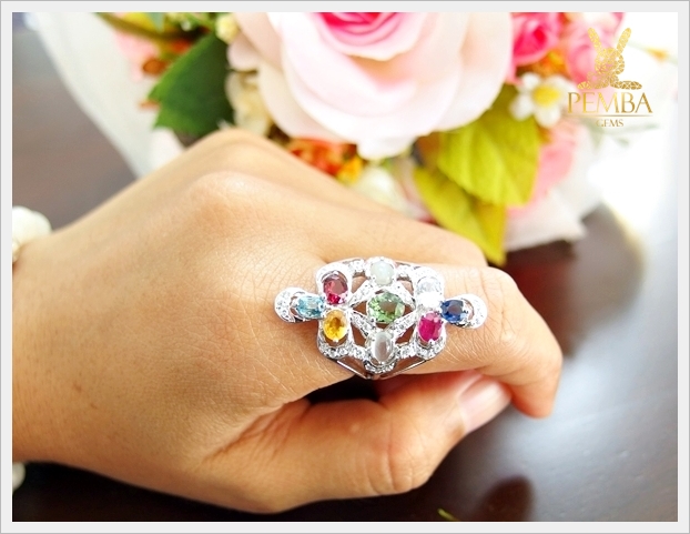 แหวนนพเก้า ตามตำราโบราณ เงินแท้925 ชุบทองคำขาว แหวนพลอยแท้