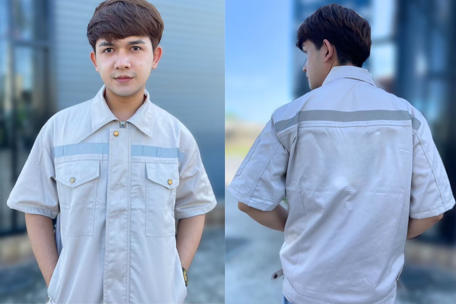 เสื้อช็อปแขนสั้นสีพื้นสีครีมติดสะท้อนแสง