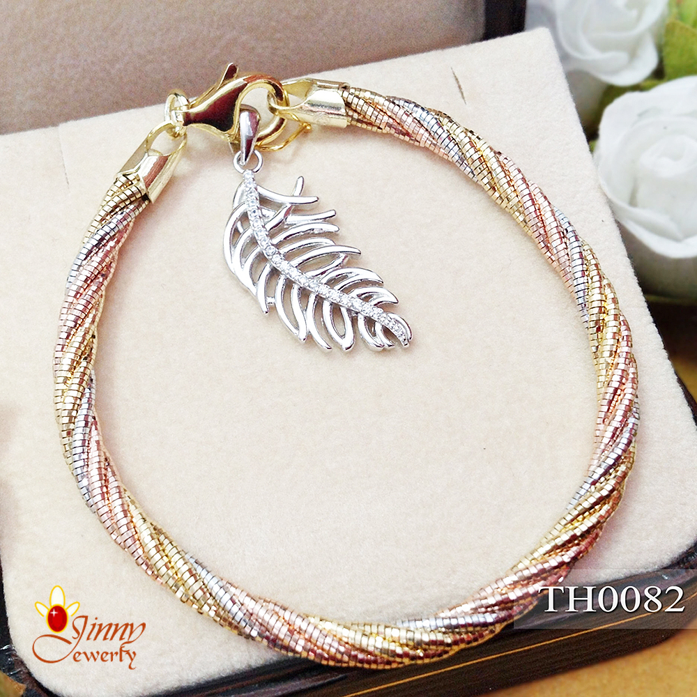 กำไลข้อมือ 3 กษัตริย์ ลาย Omeka 5 เกลียวตัดลาย(งานอิตาลี) พร้อมจี้ใบไม้ประดับเพชร cz 4.0 มิล
