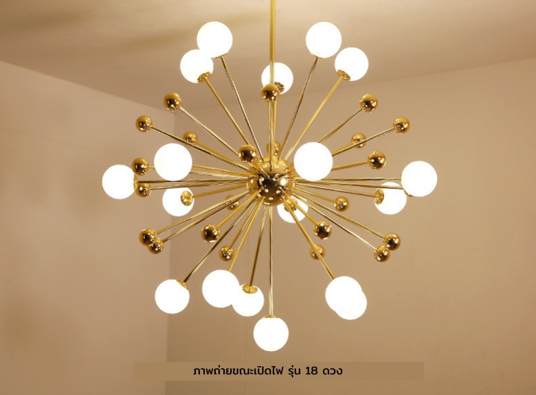 โคมไฟแขวนเพดานโครงสีทอง ทรง Dandelion โป๊ะแก้วสีขาวกลม สไตล์ Northern Europe