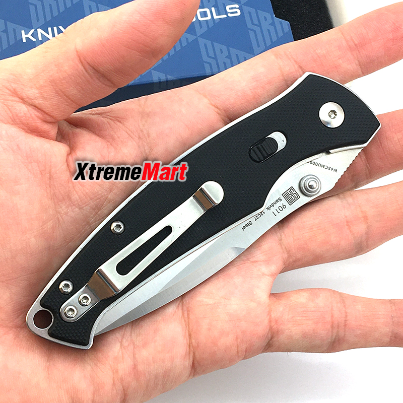 มีดพับ SANRENMU 9011 / SRM-9011 ใบมีดสแตนเลส 12c27 ใบเงินเรียบ ด้ามจับ G10 สีดำ