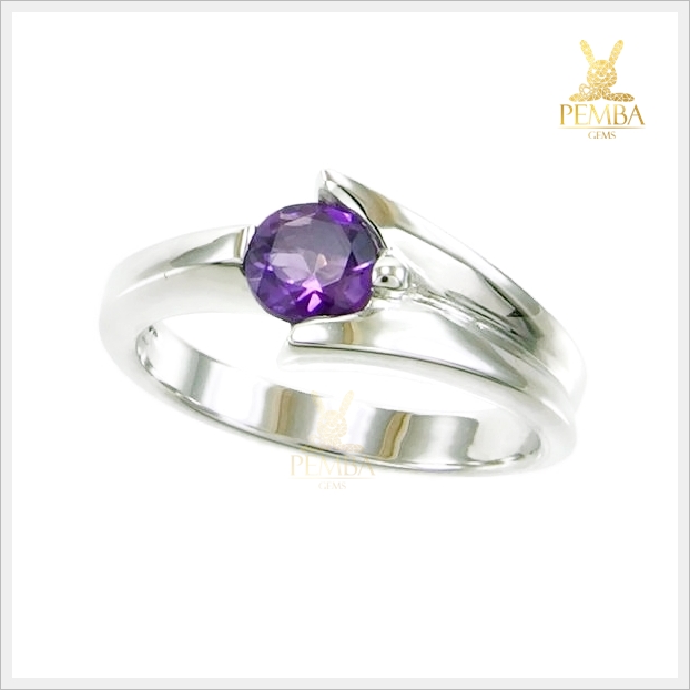 แหวนอเมทิสต์แท้ ทรงกลม เม็ดเดี่ยว เล็กๆ แต่ดูดีมีสไตล์ แหวนพลอยแท้