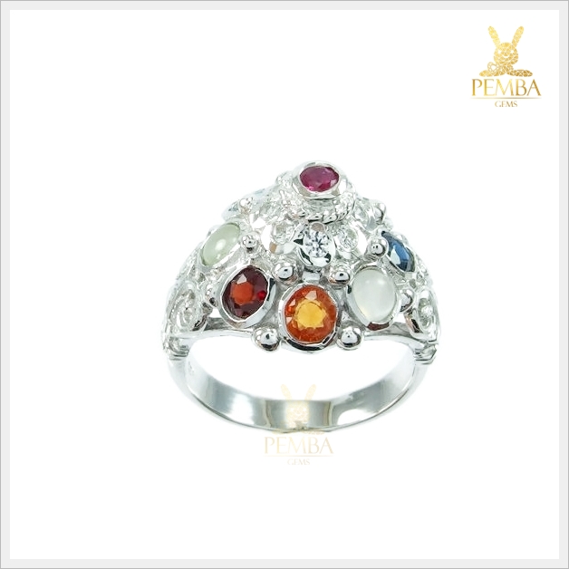 แหวนนพเก้า ตามตำราโบราณ เงินแท้925 ชุบทองคำขาว แหวนพลอยแท้