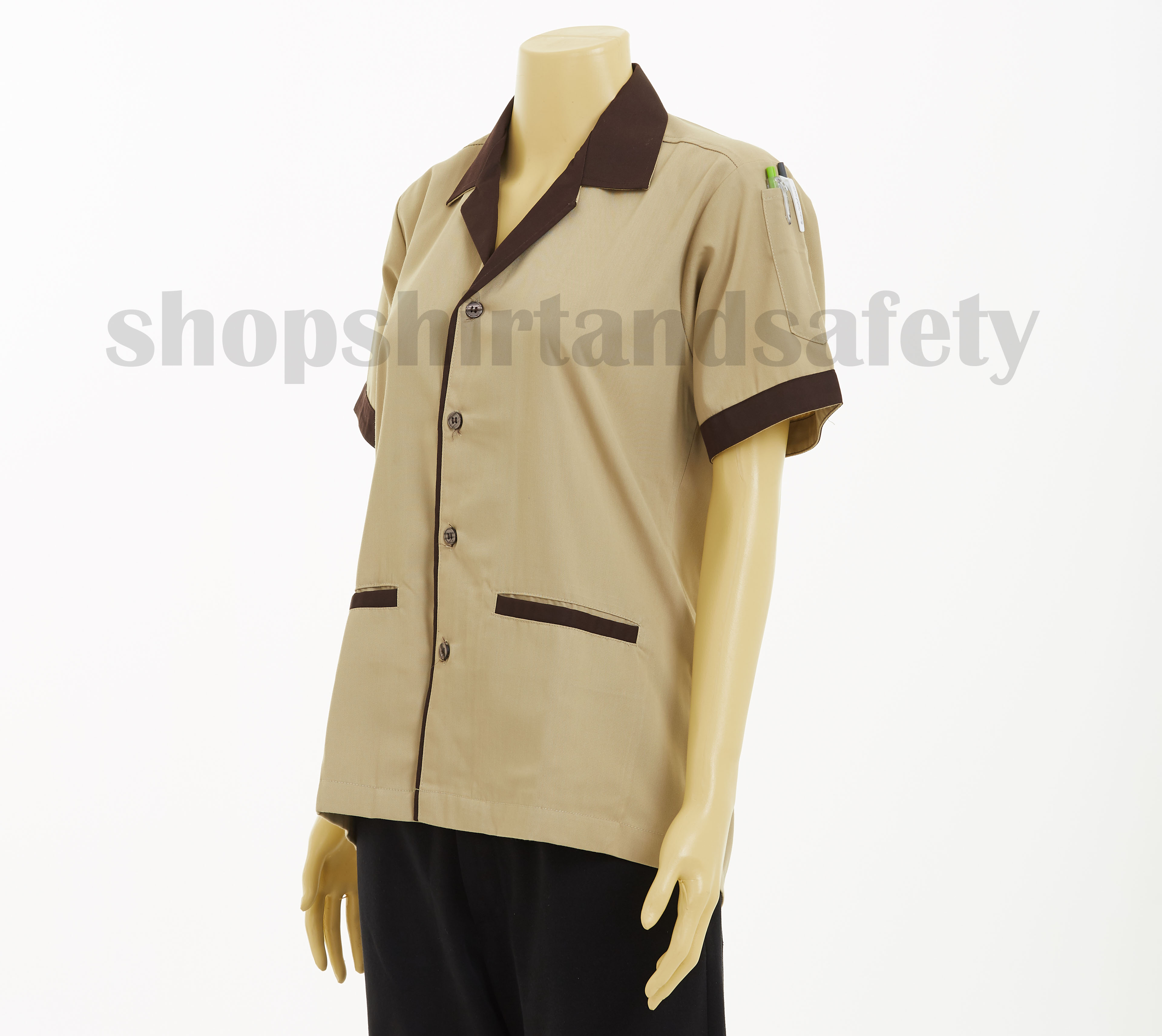เสื้อแม่บ้านแขนสั้นคอฮาวายแบบสีน้ำตาลอ่อนปกน้ำตาลแก่