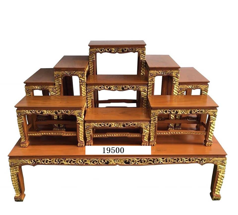 โต๊ะหมู่บูชา หมู่9 หน้า9 ไม้สัก ชุดลายแกะขาเกล็ดพญานาค (ฐานยาว150x80x40ซม. สูงรวม106ซม.)