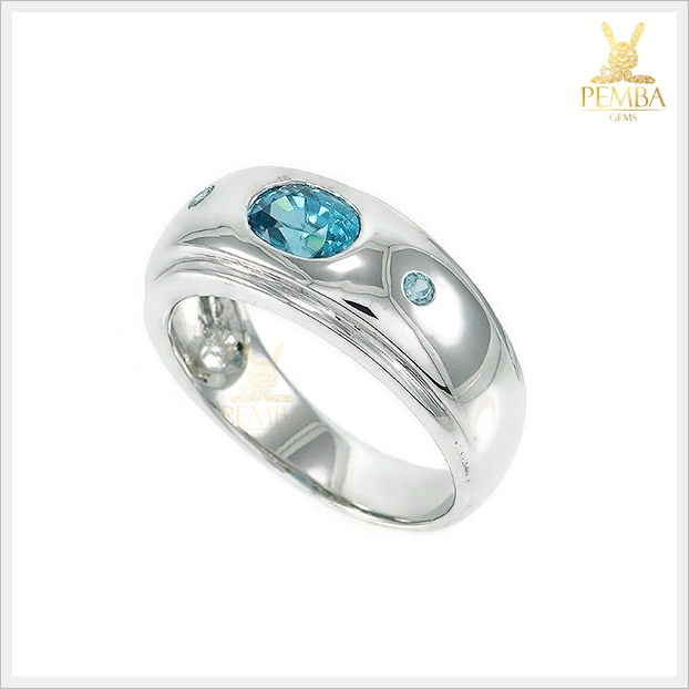 แหวนเพทายแท้ สีฟ้าสดใส ประกายเพชร เงินแท้925 ชุบทองคำขาว