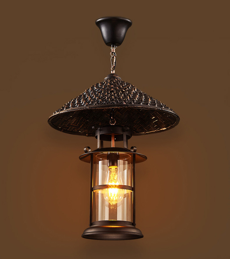 โคมไฟแขวนเพดานเหล็กสไตล์ย้อนยุคทรงหมวกฟางมีครอบแก้ว [LF-8710]