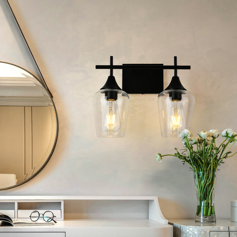 โคมไฟติดผนังทรงแก้วไวน์ใสโครงสีดำ [JK2011]