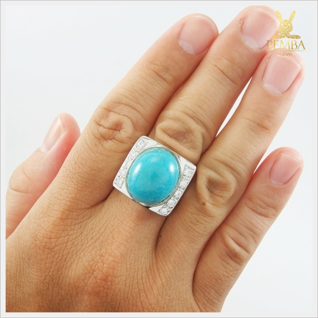 แหวนเทอร์คอยส์แท้ เงินแท้925 ชุบทองคำขาว แหวนพลอยแท้