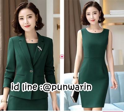 ชุดพนักงานออฟฟิต ชุดทำงาน ชุดสูท ชุดพนักงานต้อนรับ ชุดทำงาน สีเขียวดำขาว N6305004 สี ดำ เขียว ขาว S-5XL