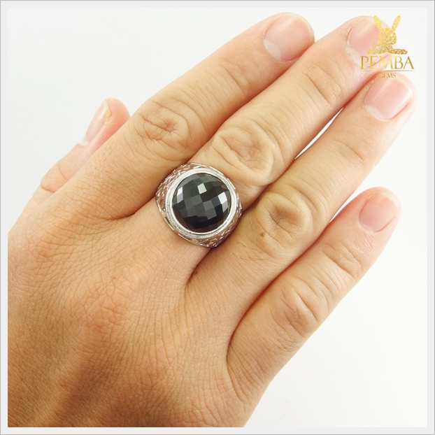 แหวนนิลแท้ เงินแท้925 ชุบทองคำขาว ฉลุลาย สไตล์ขลังๆ