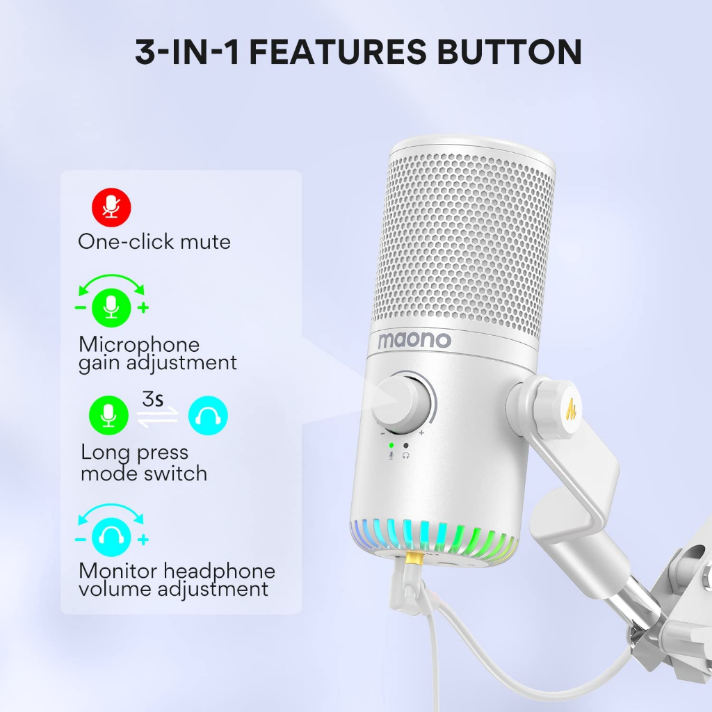 ส่งฟรี MAONO DM30 RGB White USB Condenser Microphone สําหรับ PC คอมพิวเตอร์ โทรศัพท์มือถือ เล่นเกม บันทึก ถ่ายทอดสด