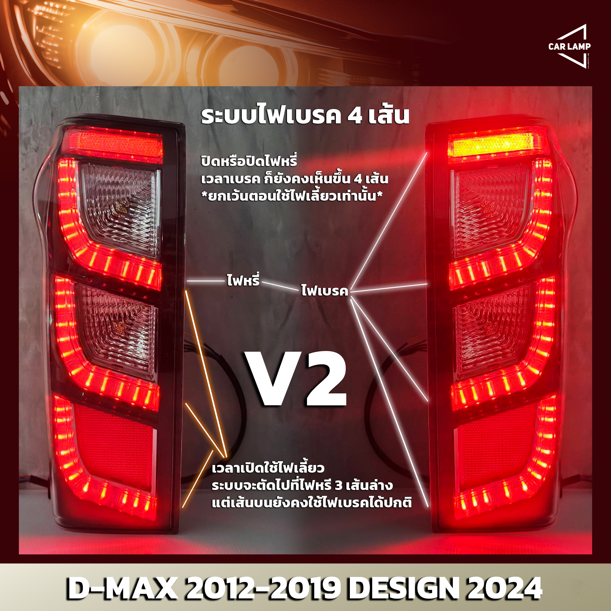 ไฟท้ายรถยนต์ ISUZU D-MAX 2012-2019 ลาย 2024 มีระบบไฟเลี้ยววิ่ง ระบบไฟเบรค 4 เส้น V2 เน้นไฟถอย โคมสามารถเปลี่ยนหลอดได้ แถมฟรีหลอดไฟ LED 144 ชิป (ราคาต่อ 1 คู่)