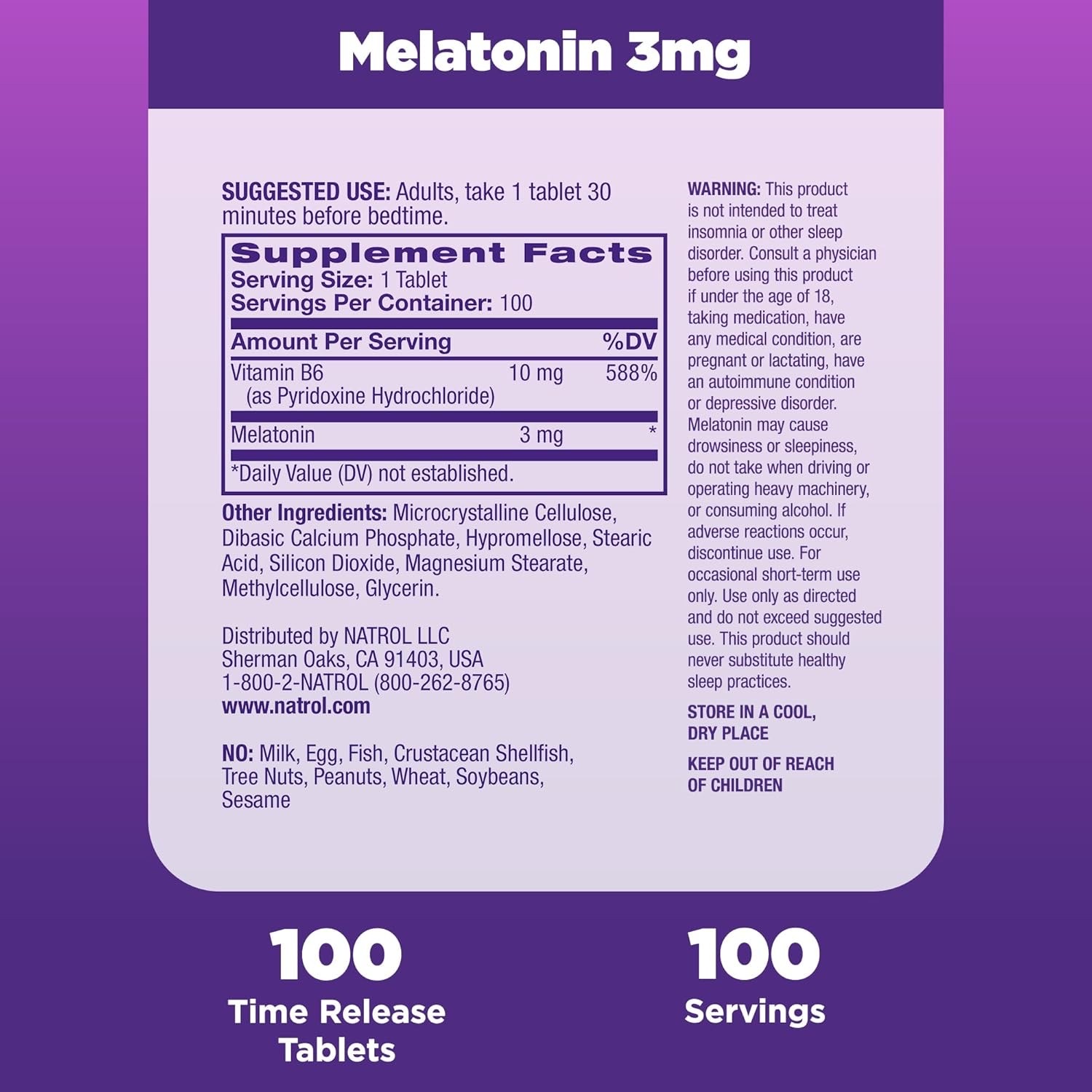 วิตามินเสริมการนอนหลับสำหรับผู้ใหญ่ NATROL Sleep Melatonin 3mg - Time Release (100 Tablets)