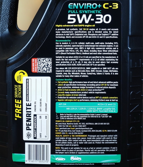 Penrite Enviro+ C3 5W-30 ขนาด 1-7 ลิตร