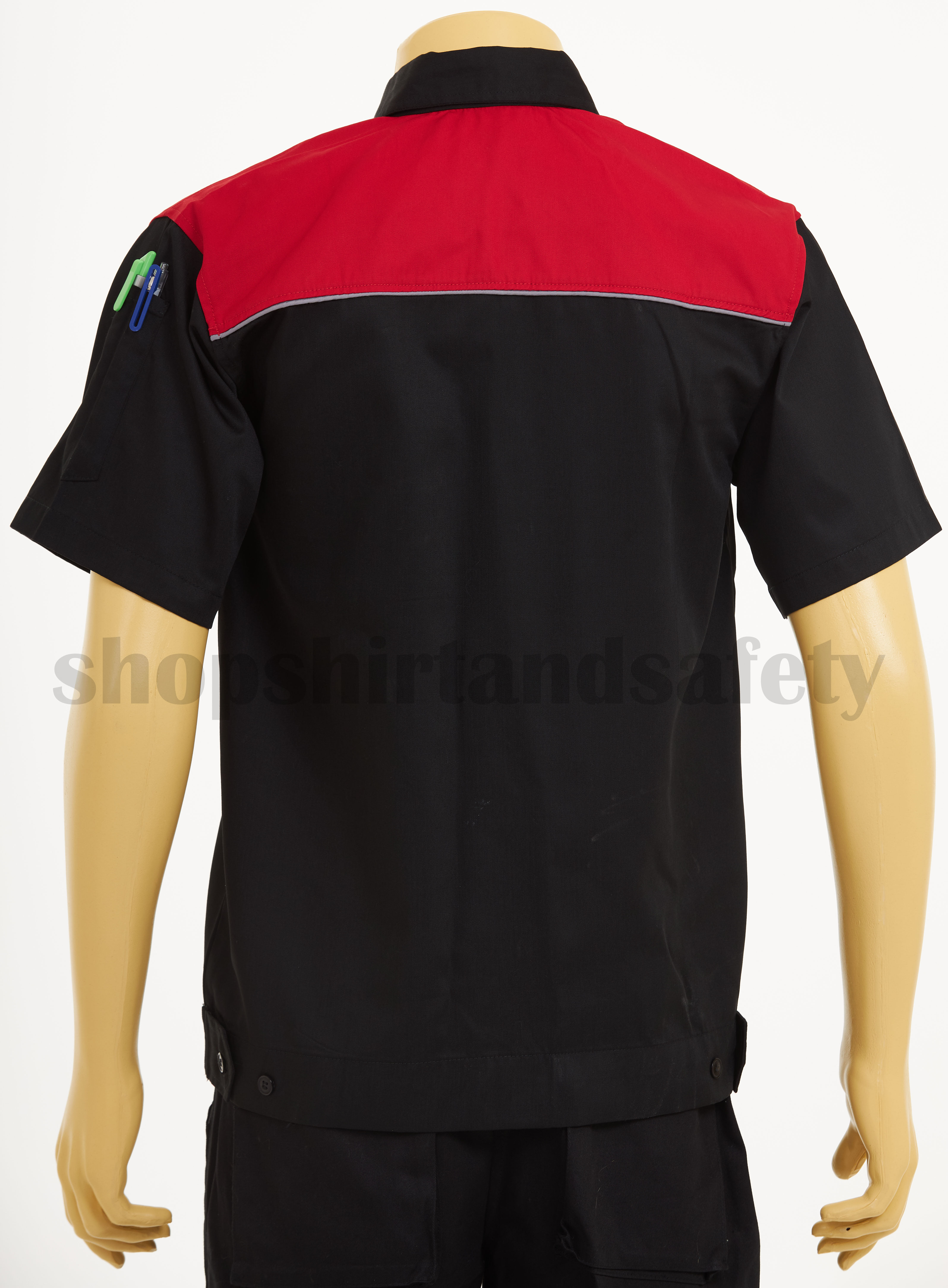 เสื้อช็อปแขนสั้นแบบดำอกแดงกุ้นเทา